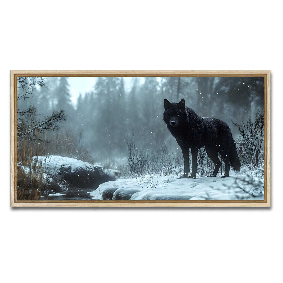 AUTO-MOCKUP WHITE | Black Wolf in Snowy Forest | 1 Piece | Natural Framed Canvas | group=2x1