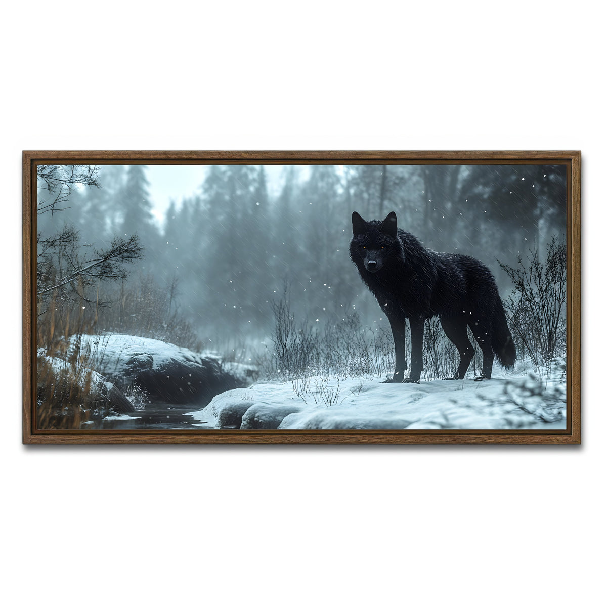AUTO-MOCKUP WHITE | Black Wolf in Snowy Forest | 1 Piece | Walnut Framed Canvas | group=2x1