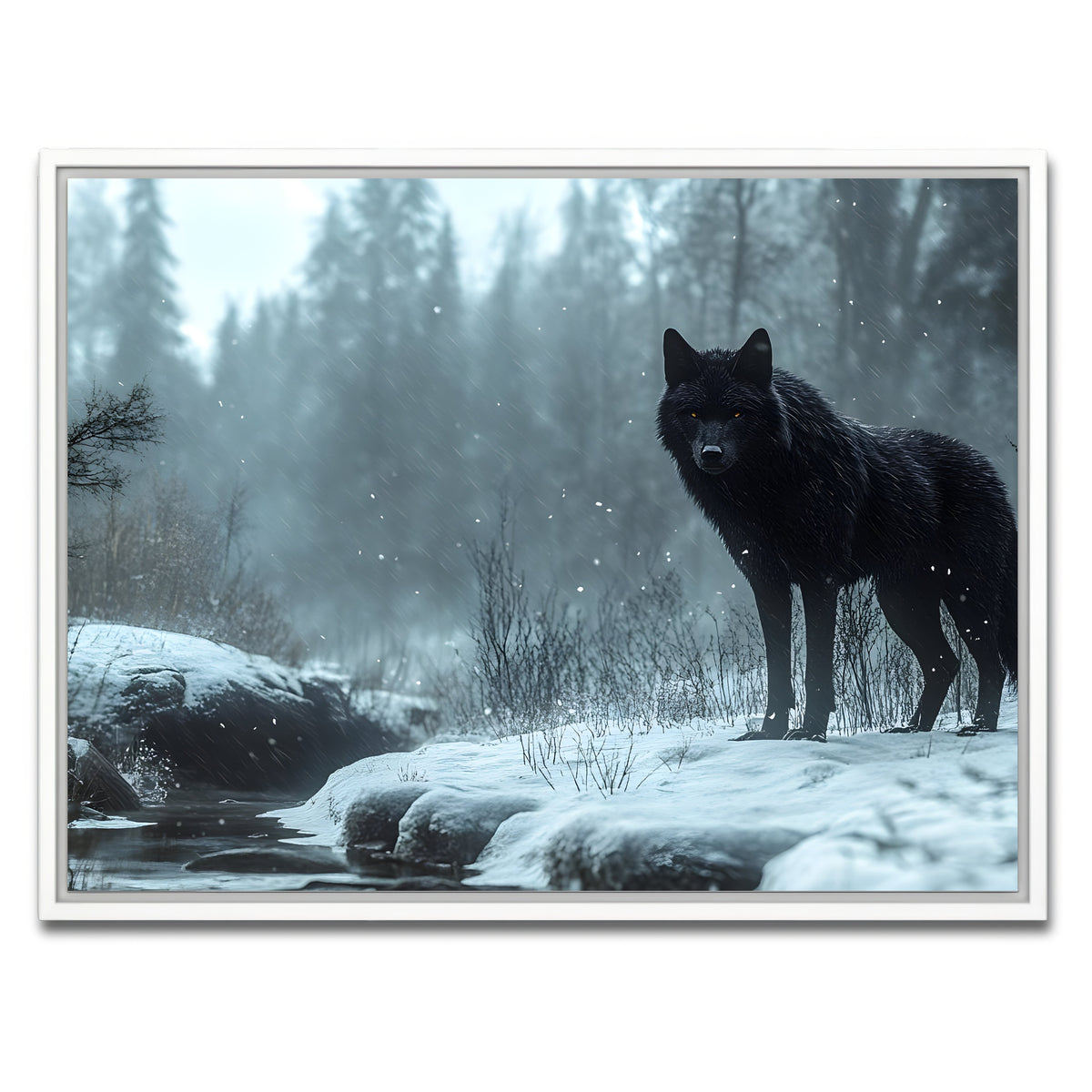 AUTO-MOCKUP WHITE | Black Wolf in Snowy Forest | 1 Piece | White Framed Canvas | group=4x3