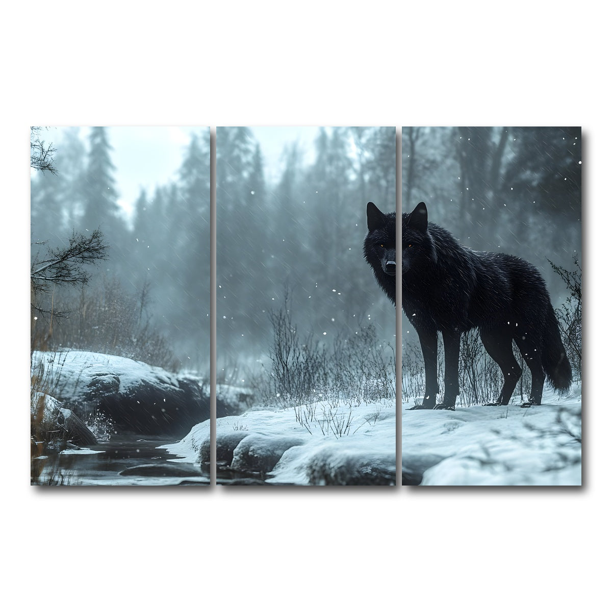 AUTO-MOCKUP WHITE | Black Wolf in Snowy Forest | 3 Piece | Gallery Wrap Canvas | group=12x24
