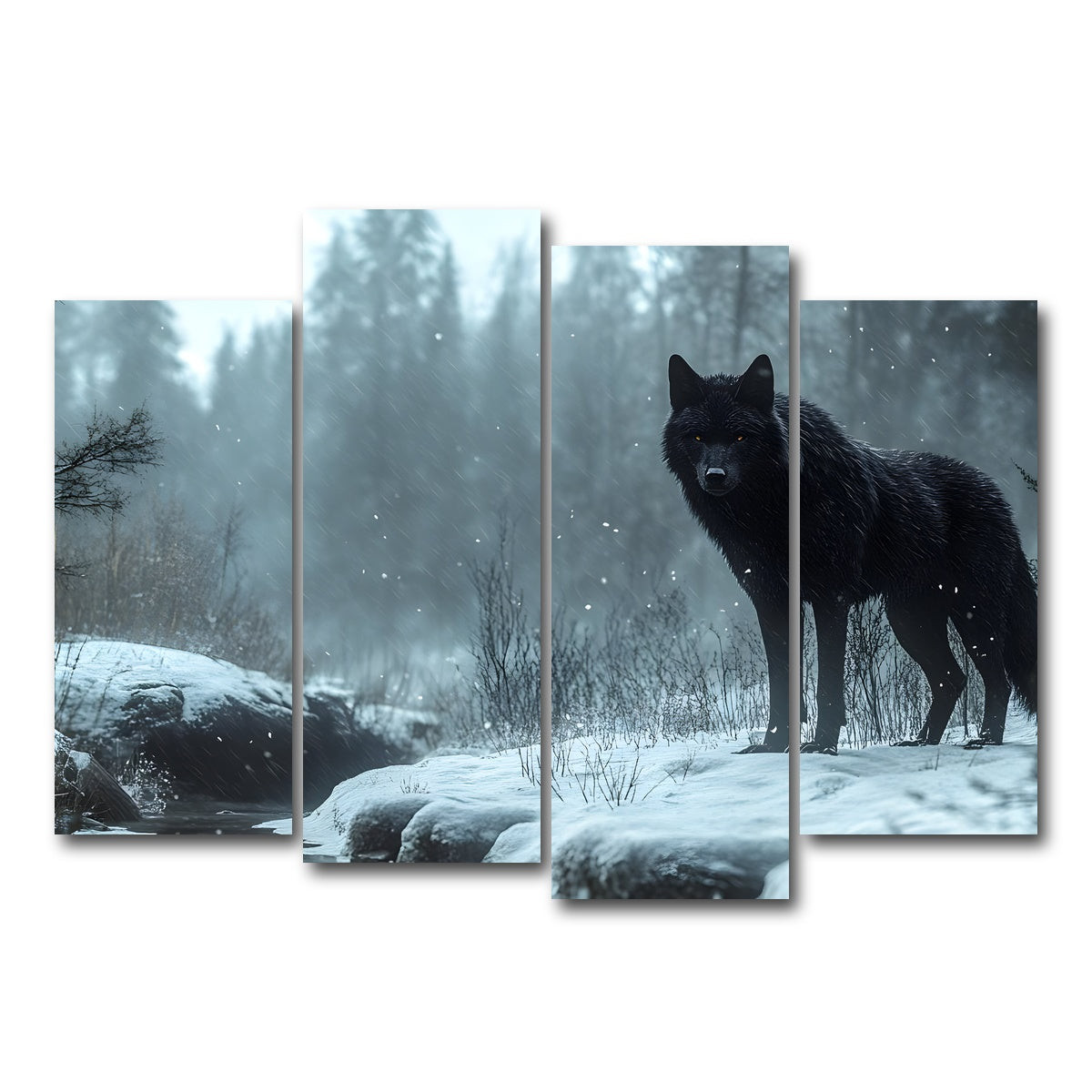 AUTO-MOCKUP WHITE | Black Wolf in Snowy Forest | 4 Piece | Gallery Wrap Canvas | group=4_normal