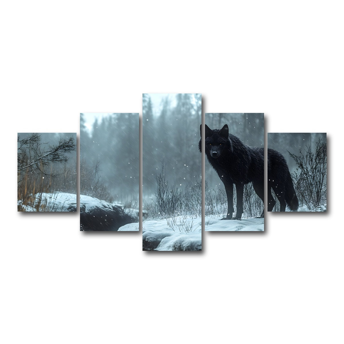AUTO-MOCKUP WHITE | Black Wolf in Snowy Forest | 5 Piece | Gallery Wrap Canvas | group=5_short