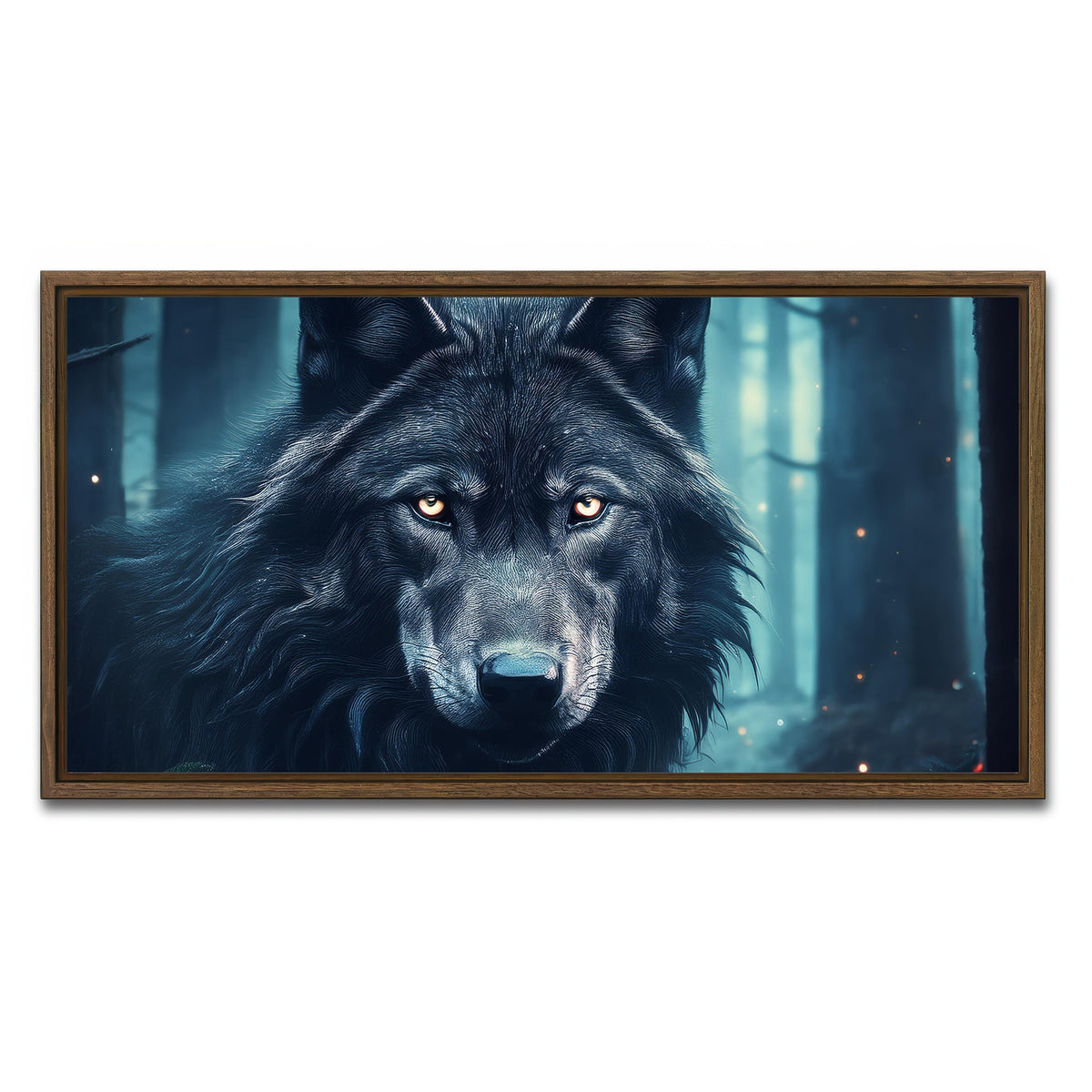 AUTO-MOCKUP WHITE | Black Wolf in Woods | 1 Piece | Walnut Framed Canvas | group=2x1