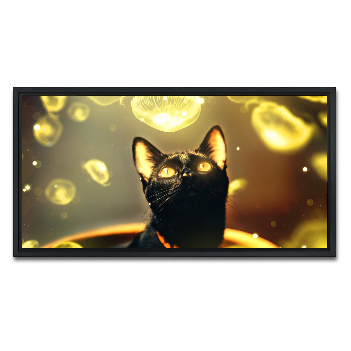 AUTO-MOCKUP WHITE | Black cat with jellyfish | 1 Piece | Black Framed Canvas | group=2x1