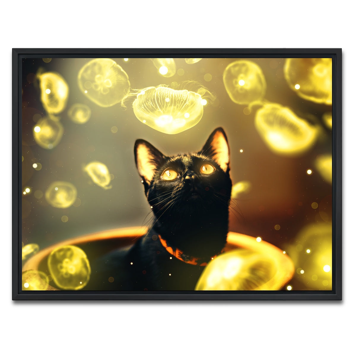 AUTO-MOCKUP WHITE | Black cat with jellyfish | 1 Piece | Black Framed Canvas | group=4x3