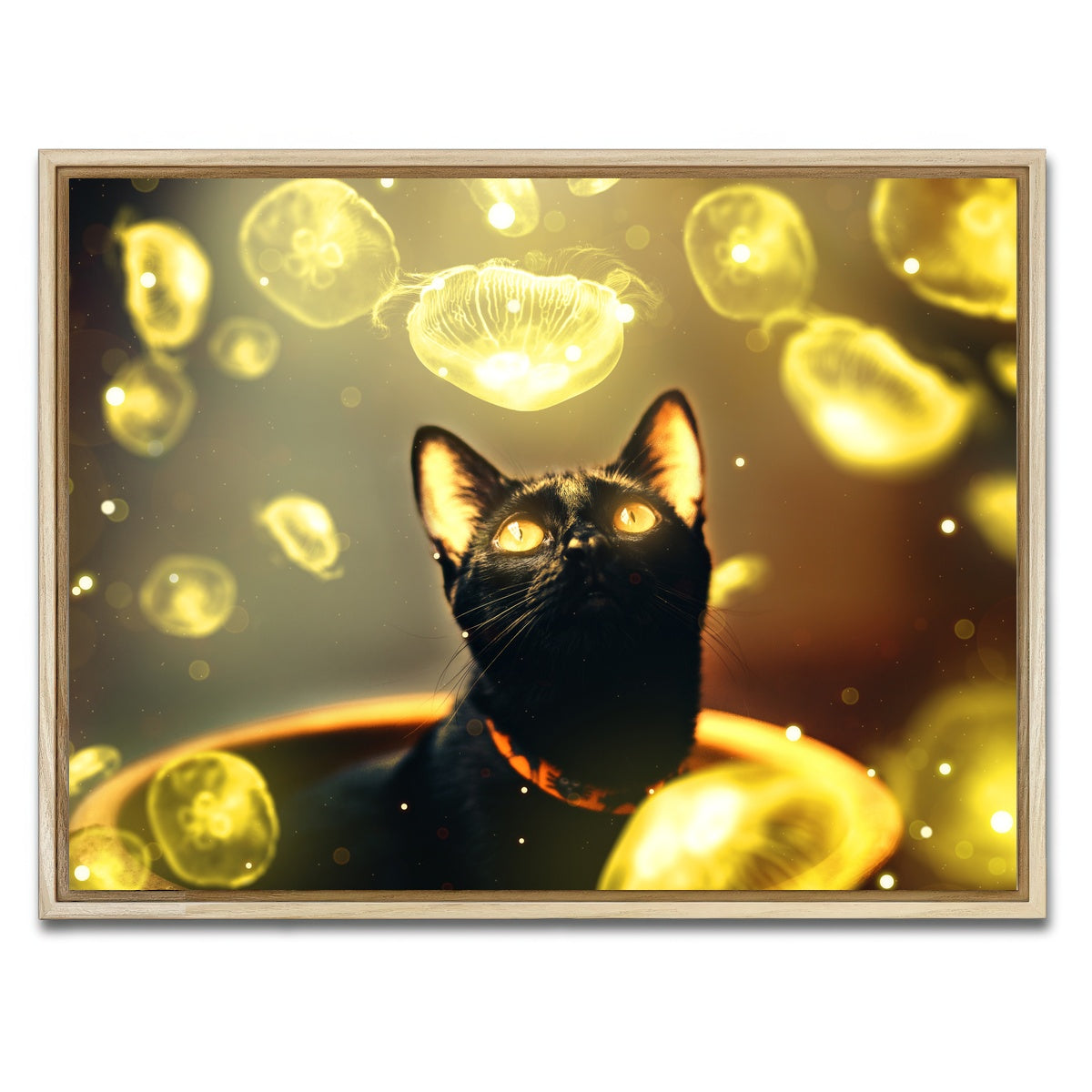 AUTO-MOCKUP WHITE | Black cat with jellyfish | 1 Piece | Natural Framed Canvas | group=4x3