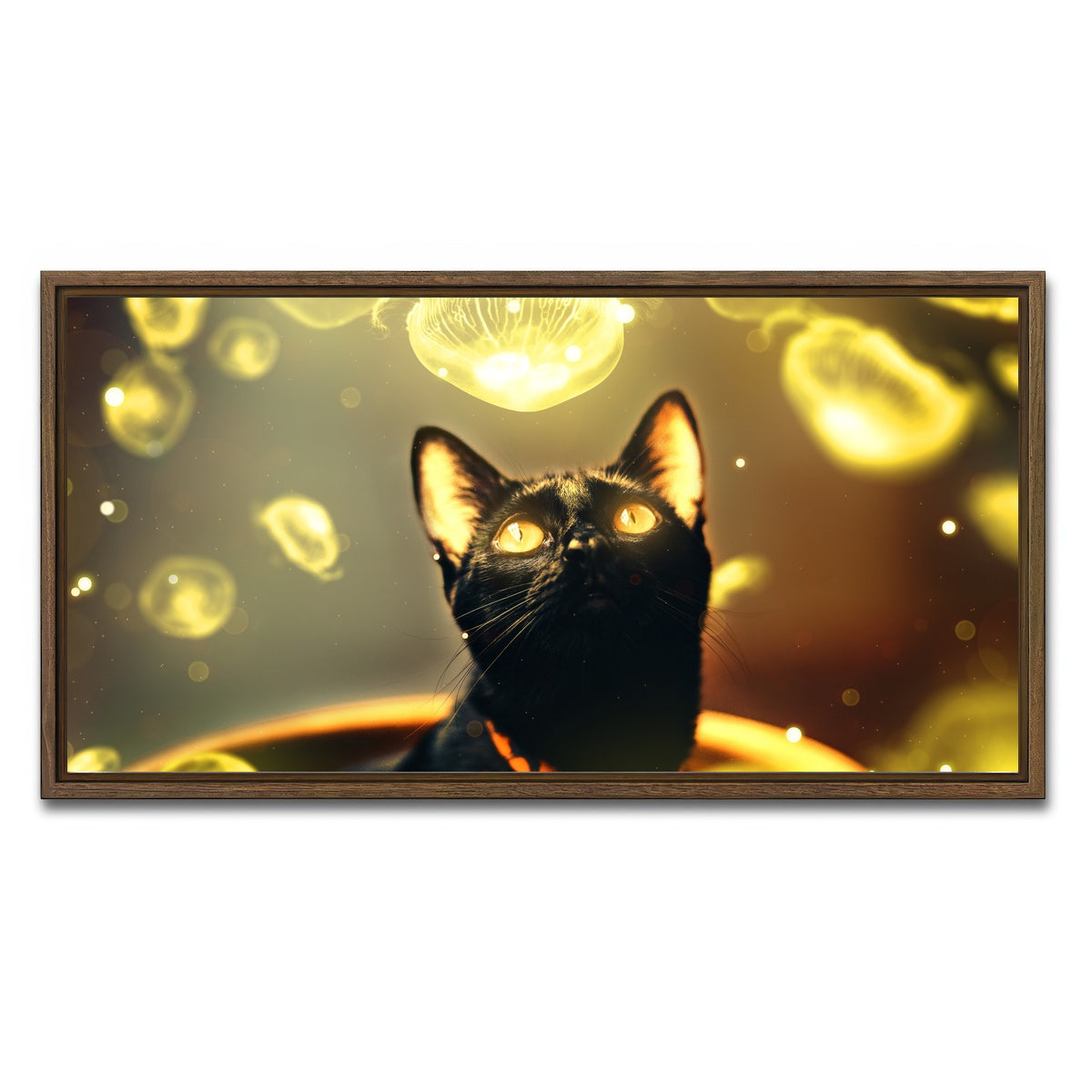 AUTO-MOCKUP WHITE | Black cat with jellyfish | 1 Piece | Walnut Framed Canvas | group=2x1