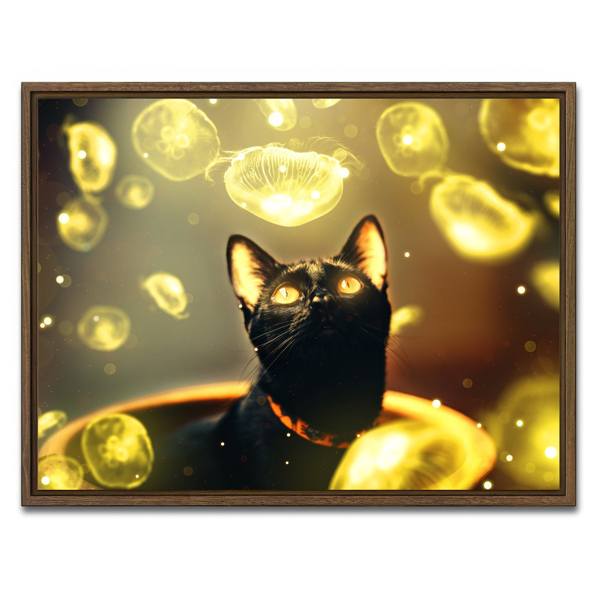 AUTO-MOCKUP WHITE | Black cat with jellyfish | 1 Piece | Walnut Framed Canvas | group=4x3