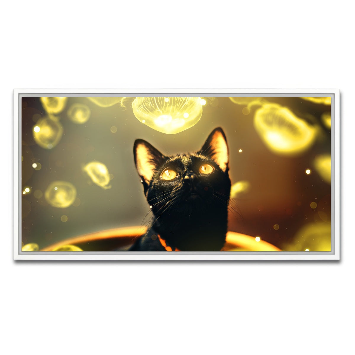 AUTO-MOCKUP WHITE | Black cat with jellyfish | 1 Piece | White Framed Canvas | group=2x1