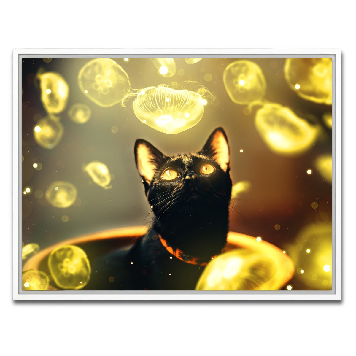 AUTO-MOCKUP WHITE | Black cat with jellyfish | 1 Piece | White Framed Canvas | group=4x3