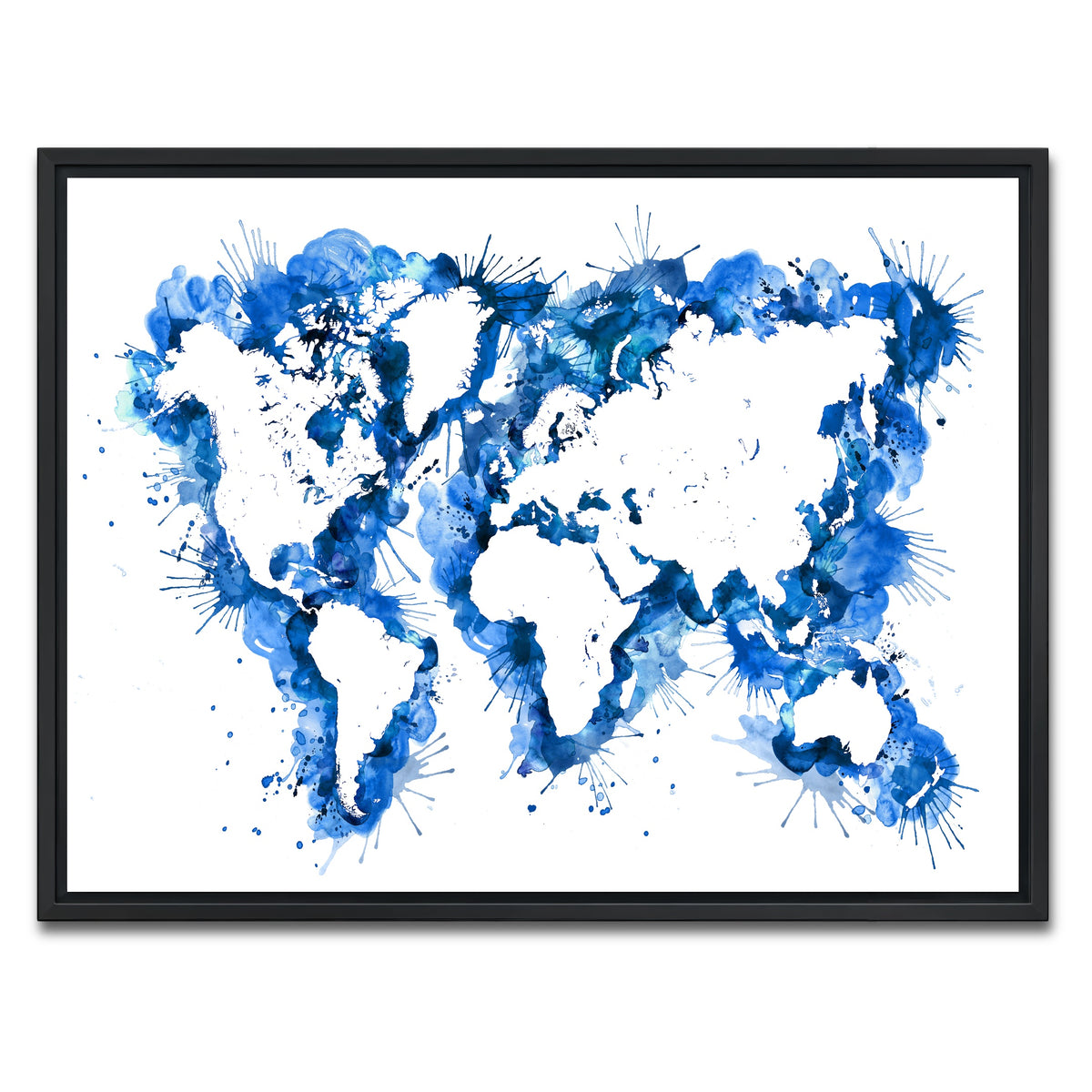 AUTO-MOCKUP WHITE | Blue Splatter World Map | 1 Piece | Black Framed Canvas | group=4x3