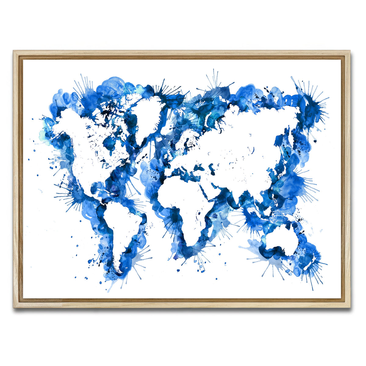 AUTO-MOCKUP WHITE | Blue Splatter World Map | 1 Piece | Natural Framed Canvas | group=4x3