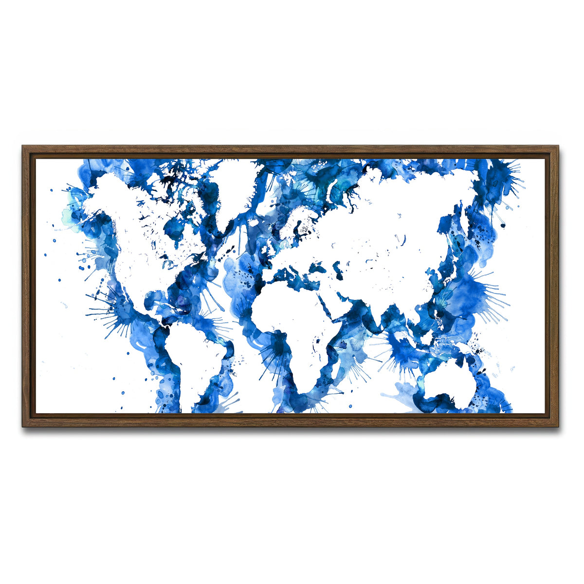 AUTO-MOCKUP WHITE | Blue Splatter World Map | 1 Piece | Walnut Framed Canvas | group=2x1