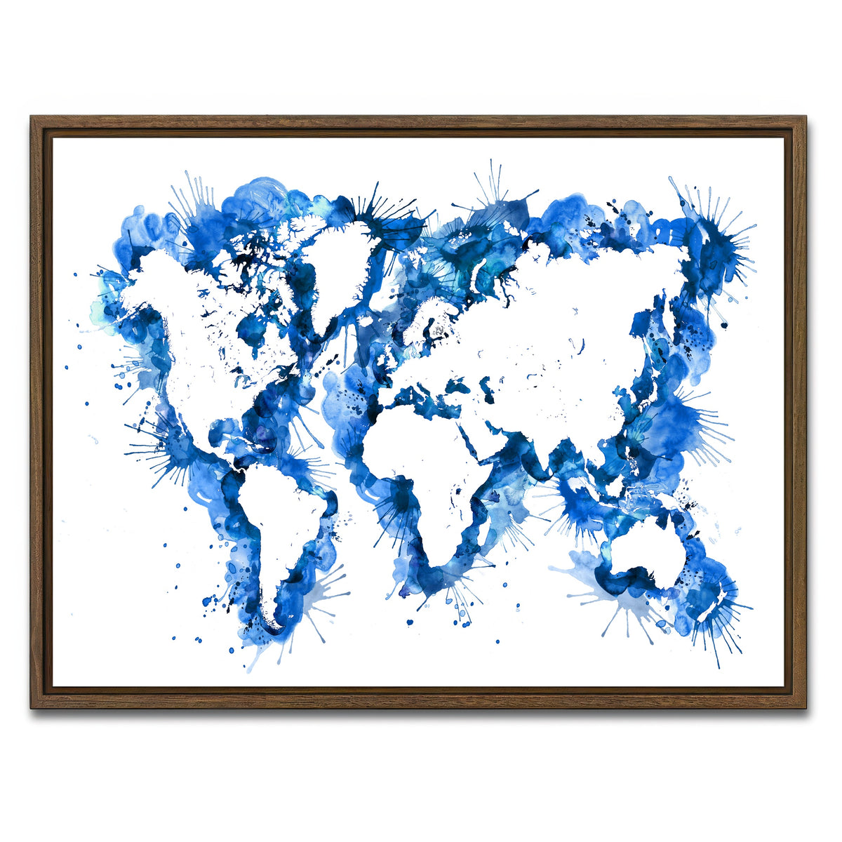 AUTO-MOCKUP WHITE | Blue Splatter World Map | 1 Piece | Walnut Framed Canvas | group=4x3