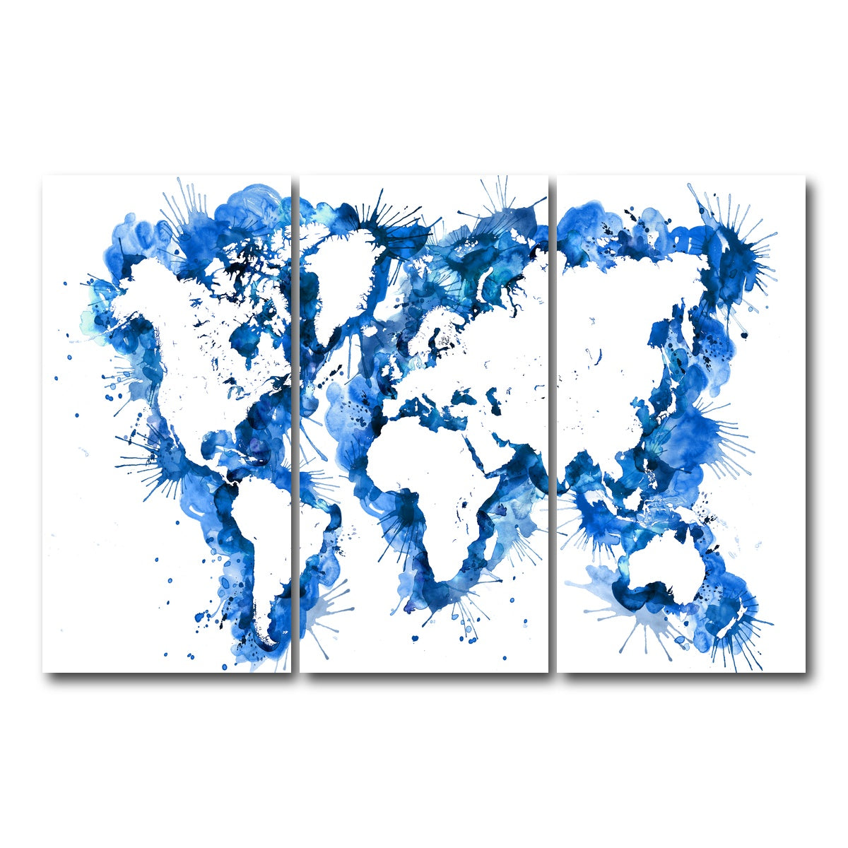 AUTO-MOCKUP WHITE | Blue Splatter World Map | 3 Piece | Gallery Wrap Canvas | group=12x24