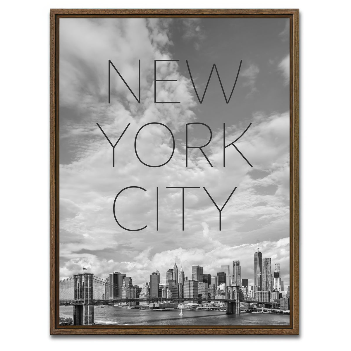 AUTO-MOCKUP WHITE | Brooklyn Bridge Text & Skyline | 1 Piece | Walnut Framed Canvas | group=3x4