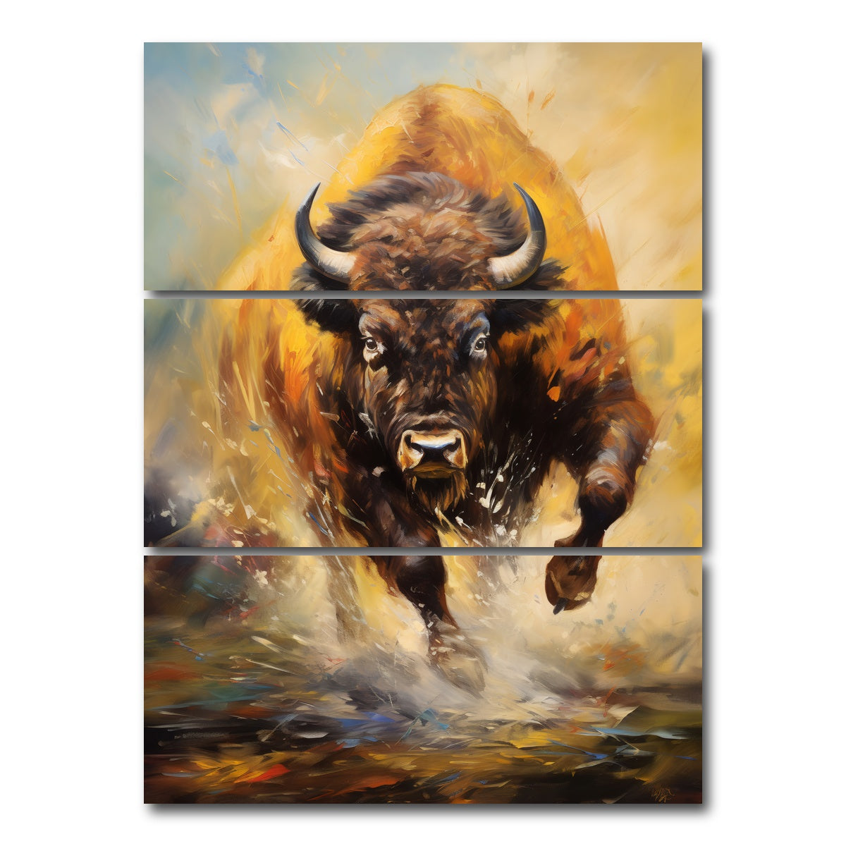 AUTO-MOCKUP WHITE | Buffalo Charging | 3 Piece | Gallery Wrap Canvas | group=8x18_stacked