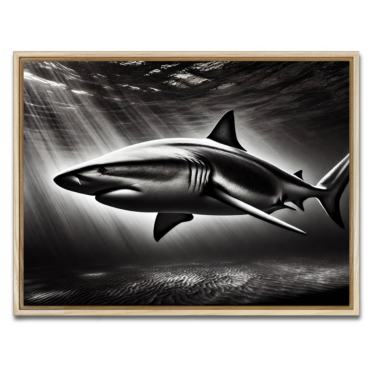 AUTO-MOCKUP WHITE | Bull Shark Grayscale | 1 Piece | Natural Framed Canvas | group=4x3