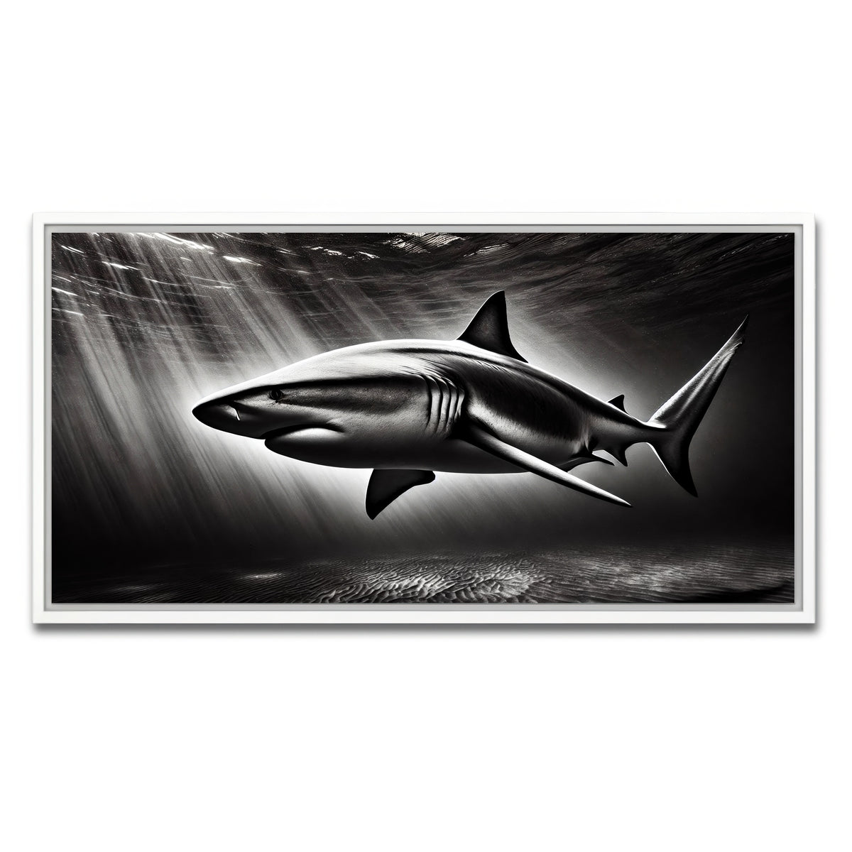 AUTO-MOCKUP WHITE | Bull Shark Grayscale | 1 Piece | White Framed Canvas | group=2x1