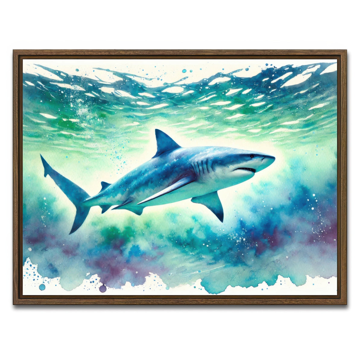 AUTO-MOCKUP WHITE | Bull Shark Watercolor | 1 Piece | Walnut Framed Canvas | group=4x3