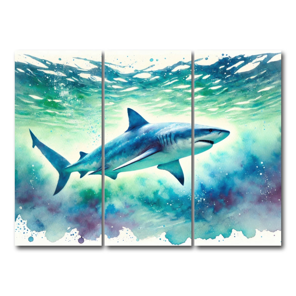AUTO-MOCKUP WHITE | Bull Shark Watercolor | 3 Piece | Gallery Wrap Canvas | group=8x18