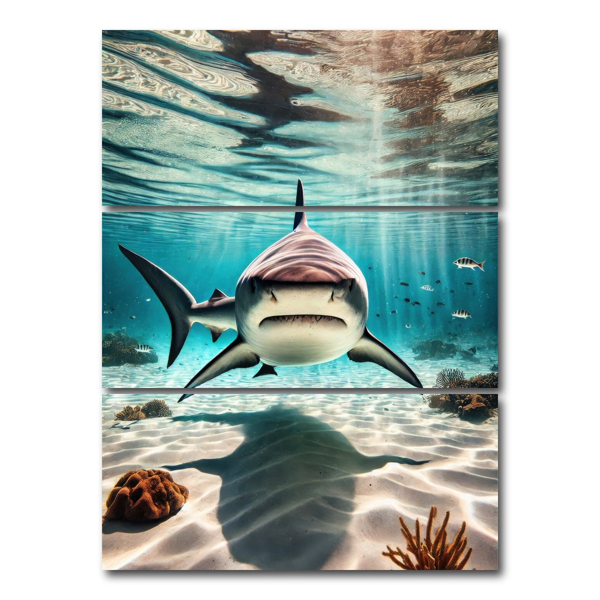 AUTO-MOCKUP WHITE | Bull Shark in Shallow Waters | 3 Piece | Gallery Wrap Canvas | group=8x18_stacked