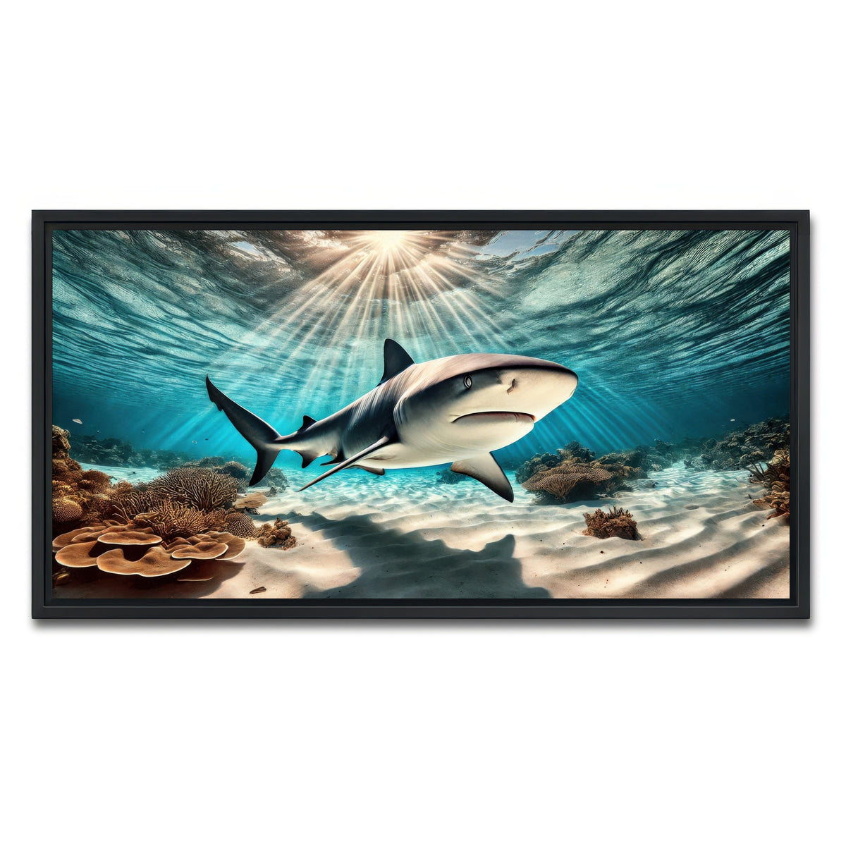 AUTO-MOCKUP WHITE | Bull shark in Tropical Waters | 1 Piece | Black Framed Canvas | group=2x1