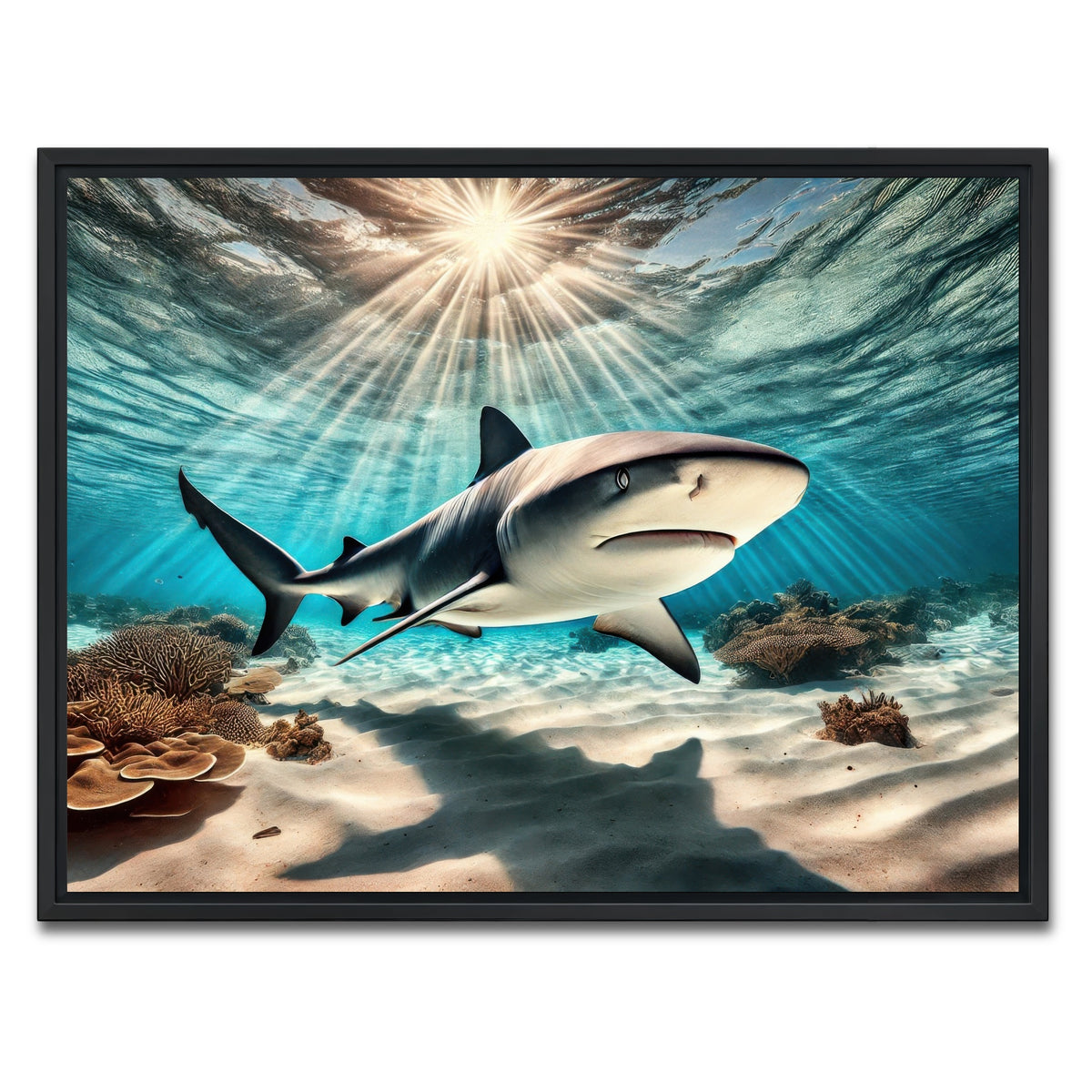 AUTO-MOCKUP WHITE | Bull shark in Tropical Waters | 1 Piece | Black Framed Canvas | group=4x3