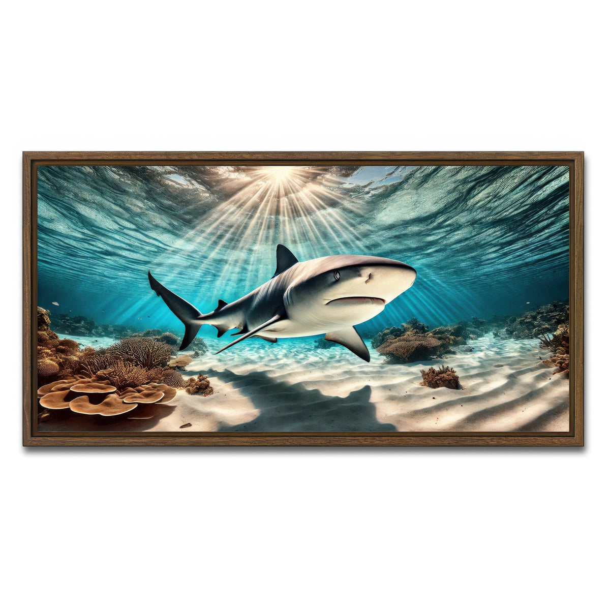 AUTO-MOCKUP WHITE | Bull shark in Tropical Waters | 1 Piece | Walnut Framed Canvas | group=2x1