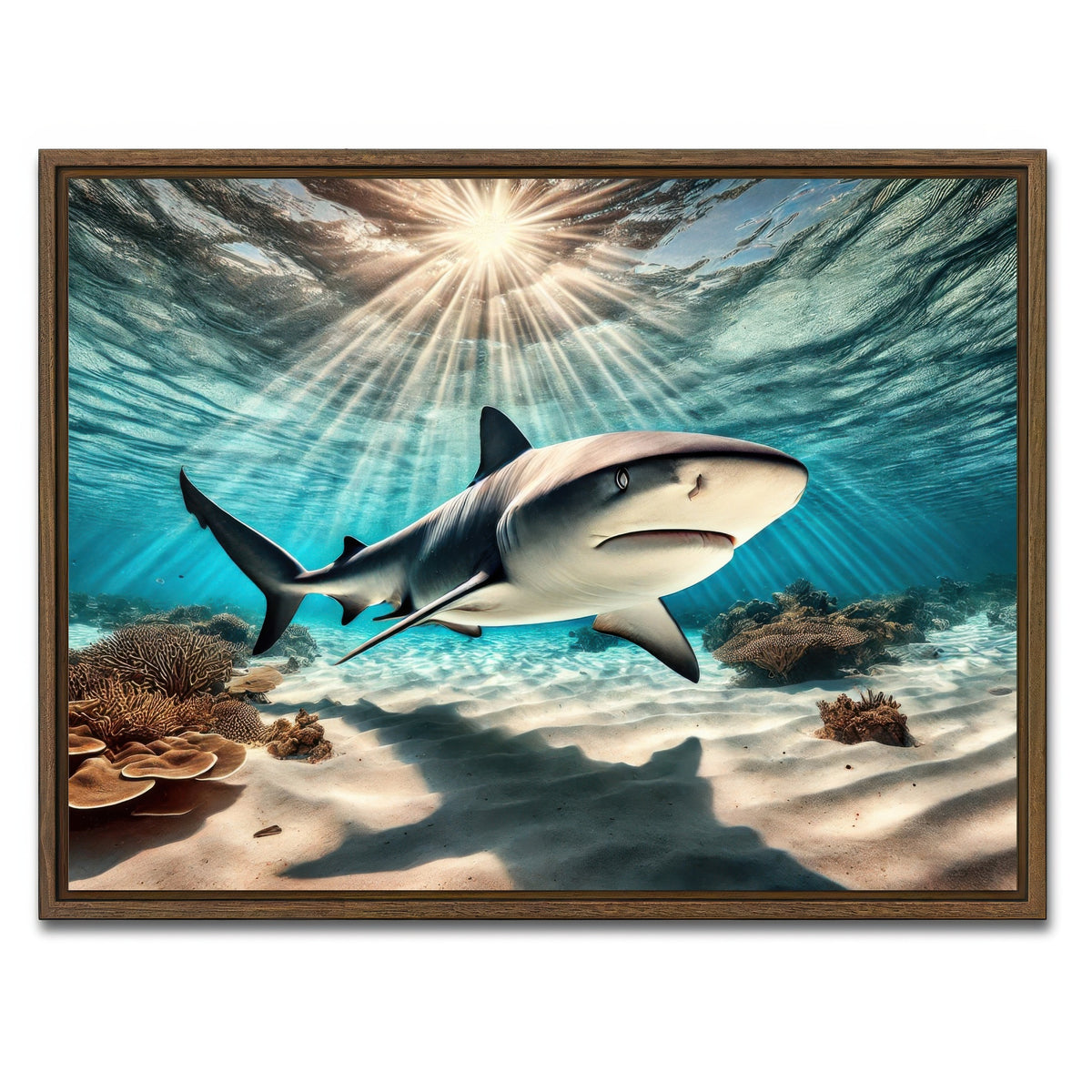 AUTO-MOCKUP WHITE | Bull shark in Tropical Waters | 1 Piece | Walnut Framed Canvas | group=4x3