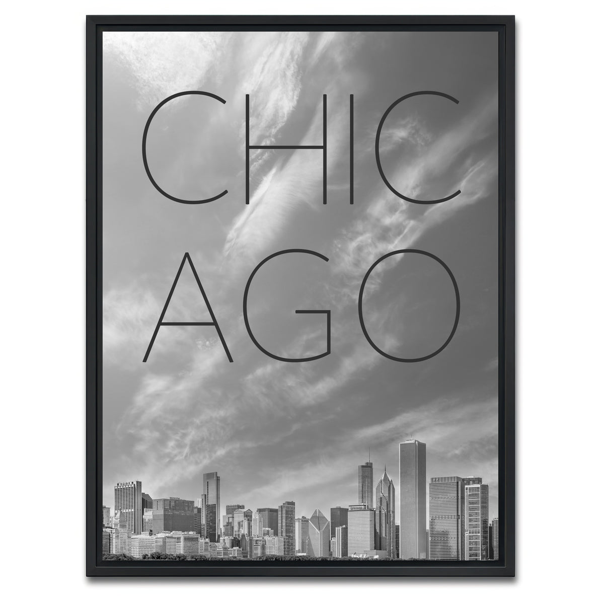 AUTO-MOCKUP WHITE | CHICAGO Skyline Text | 1 Piece | Black Framed Canvas | group=3x4