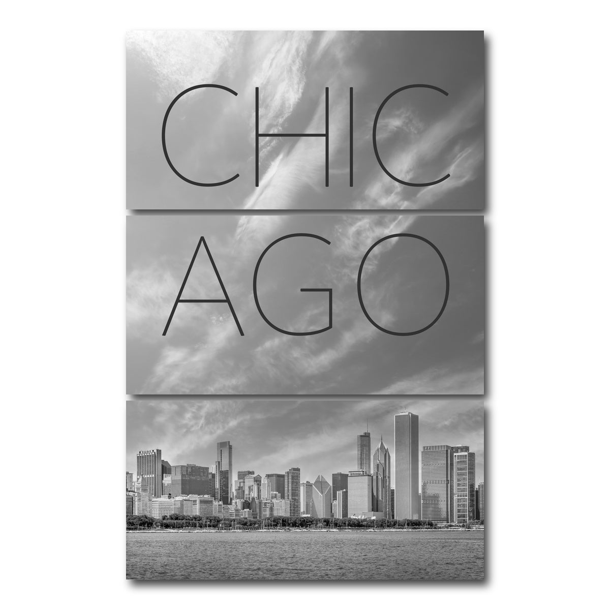 AUTO-MOCKUP WHITE | CHICAGO Skyline Text | 3 Piece | Gallery Wrap Canvas | group=12x24_stacked