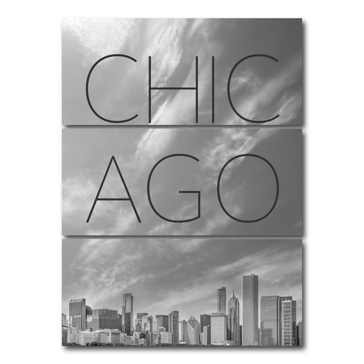 AUTO-MOCKUP WHITE | CHICAGO Skyline Text | 3 Piece | Gallery Wrap Canvas | group=8x18_stacked