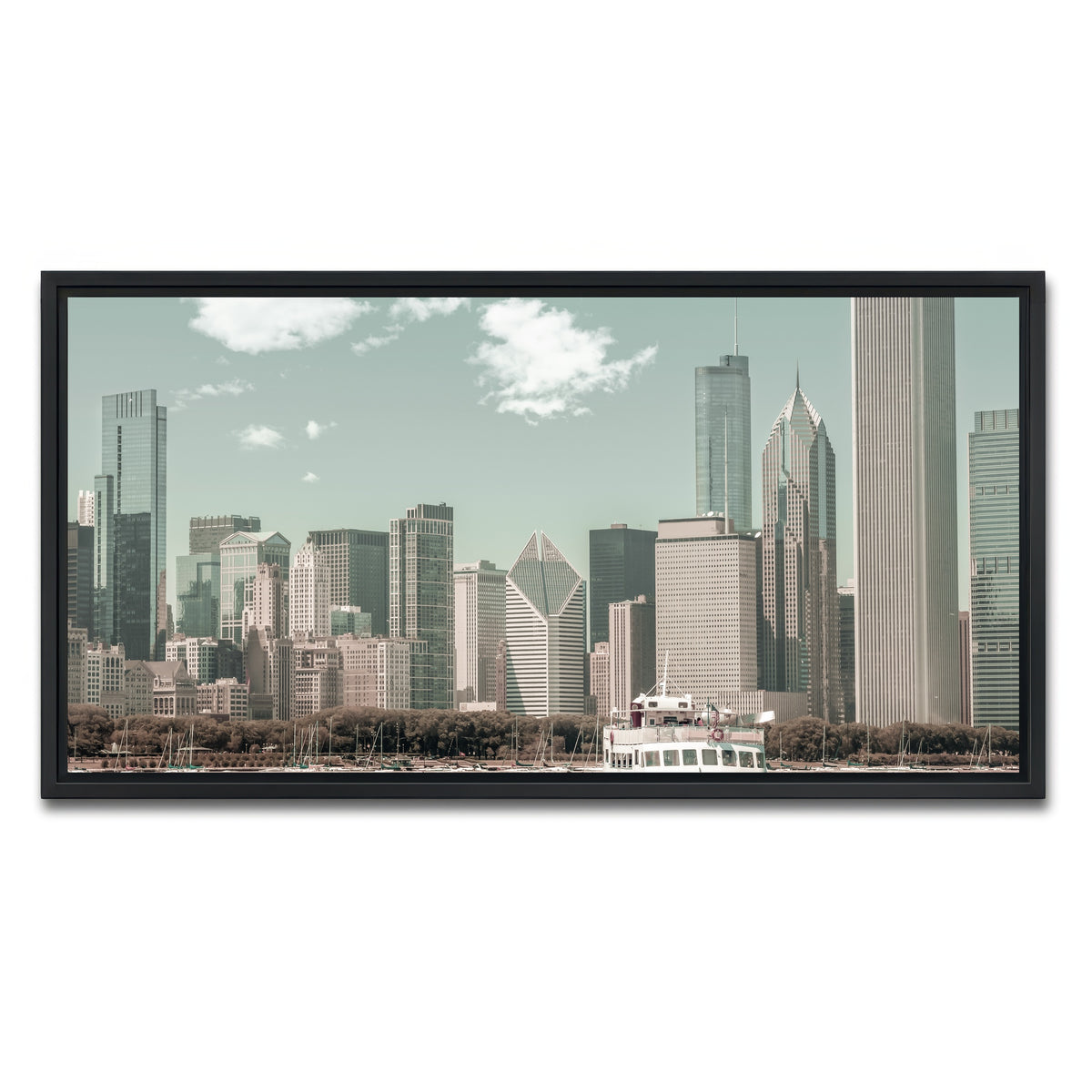 AUTO-MOCKUP WHITE | CHICAGO Skyline urban vintage style | 1 Piece | Black Framed Canvas | group=2x1