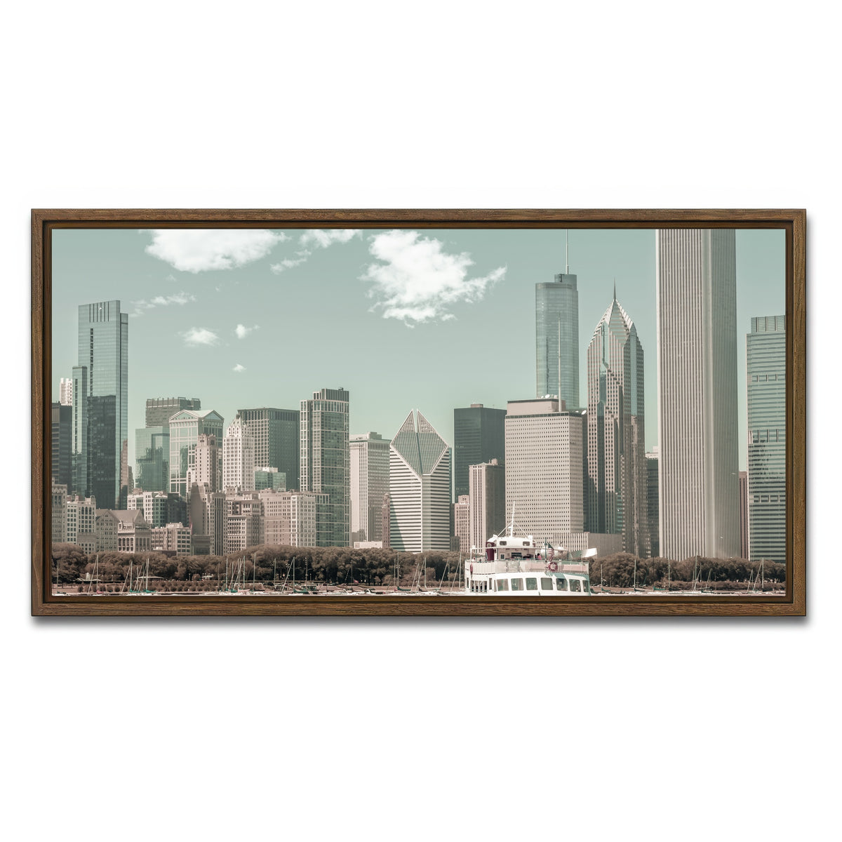 AUTO-MOCKUP WHITE | CHICAGO Skyline urban vintage style | 1 Piece | Walnut Framed Canvas | group=2x1