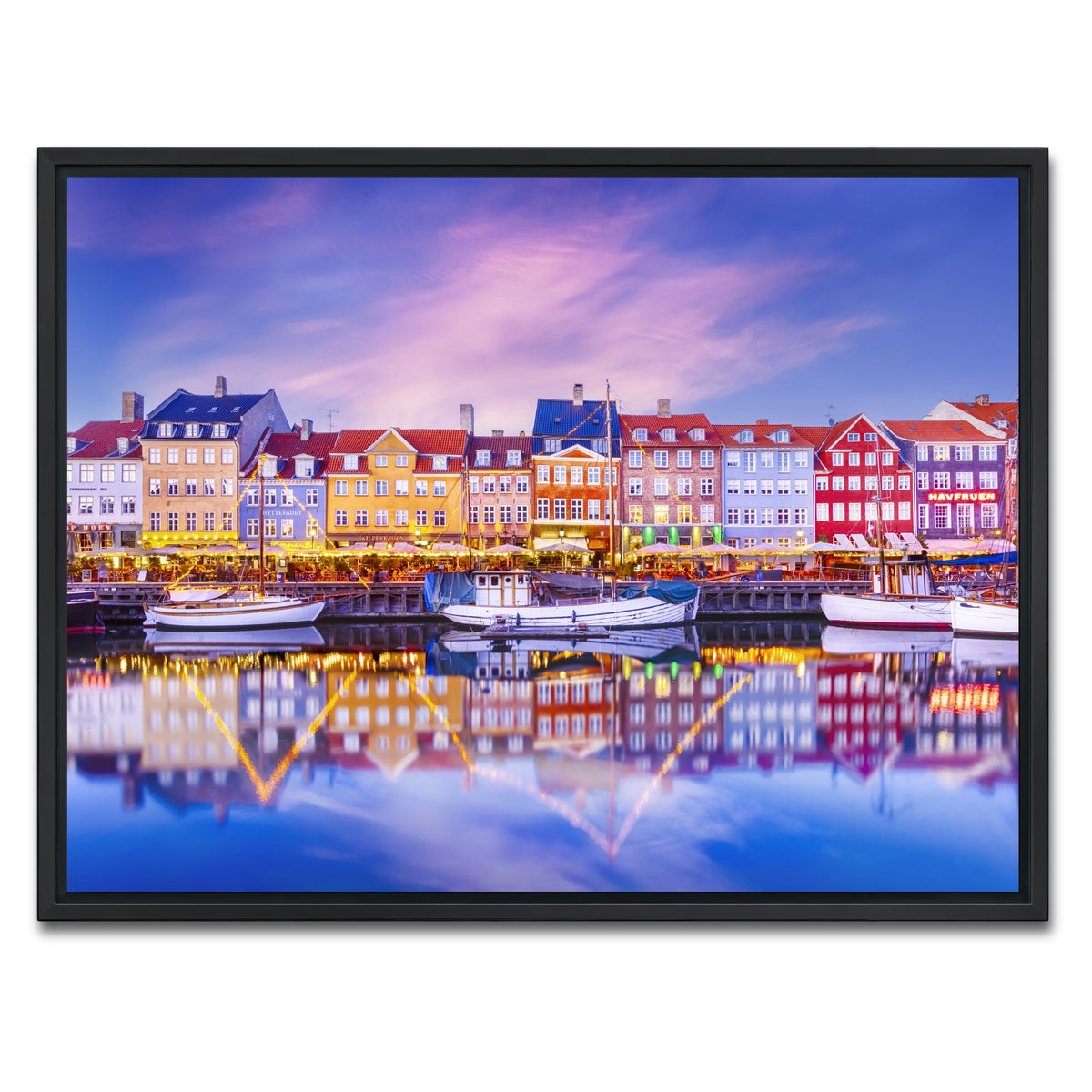 AUTO-MOCKUP WHITE | COPENHAGEN Nyhavn Idyllic Evening Impression | 1 Piece | Black Framed Canvas | group=4x3