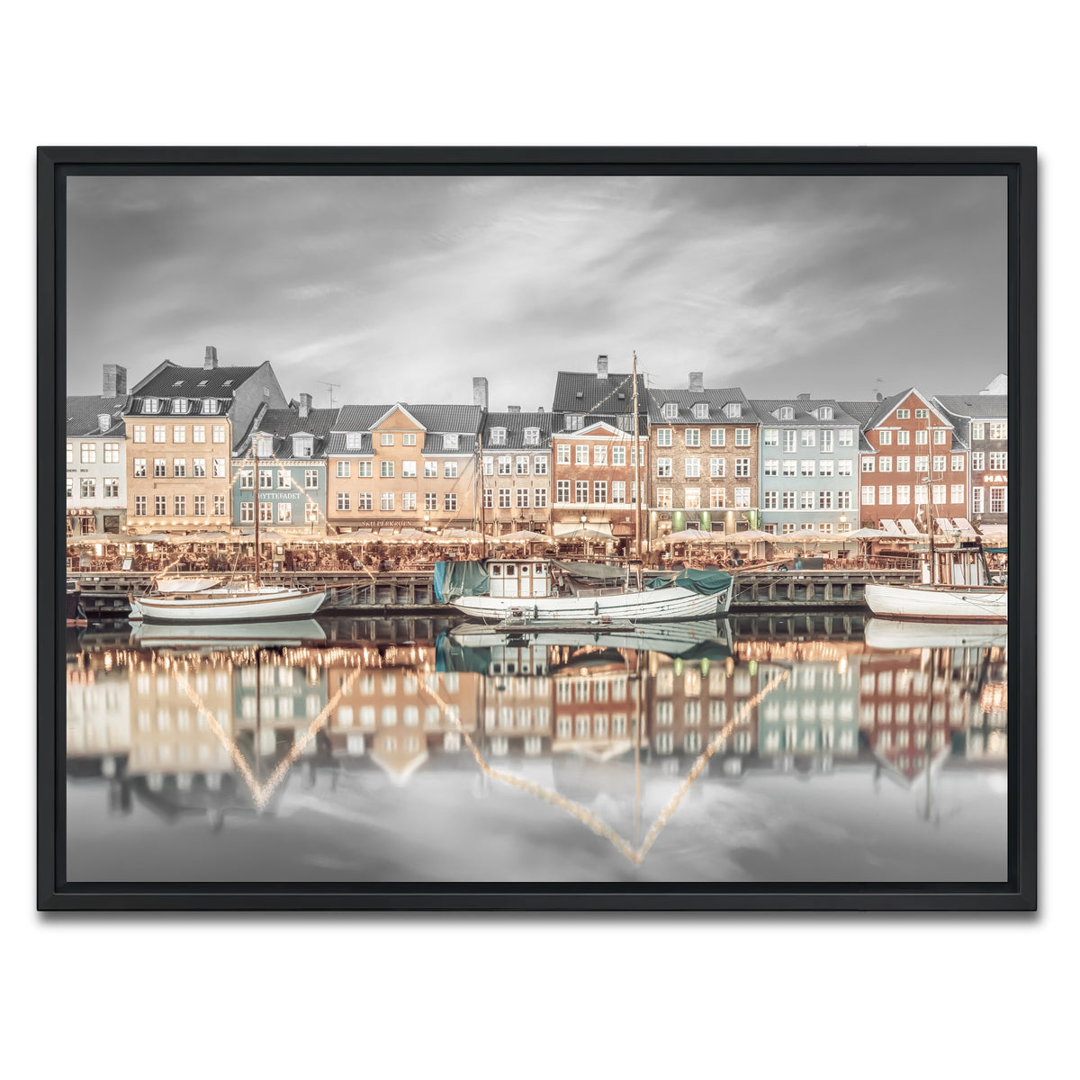 AUTO-MOCKUP WHITE | COPENHAGEN VINTAGE Nyhavn Idyllic Evening Impression | 1 Piece | Black Framed Canvas | group=4x3