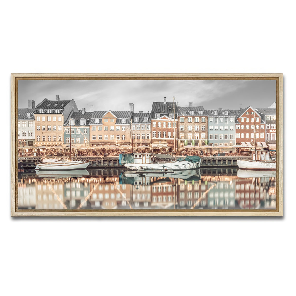 AUTO-MOCKUP WHITE | COPENHAGEN VINTAGE Nyhavn Idyllic Evening Impression | 1 Piece | Natural Framed Canvas | group=2x1