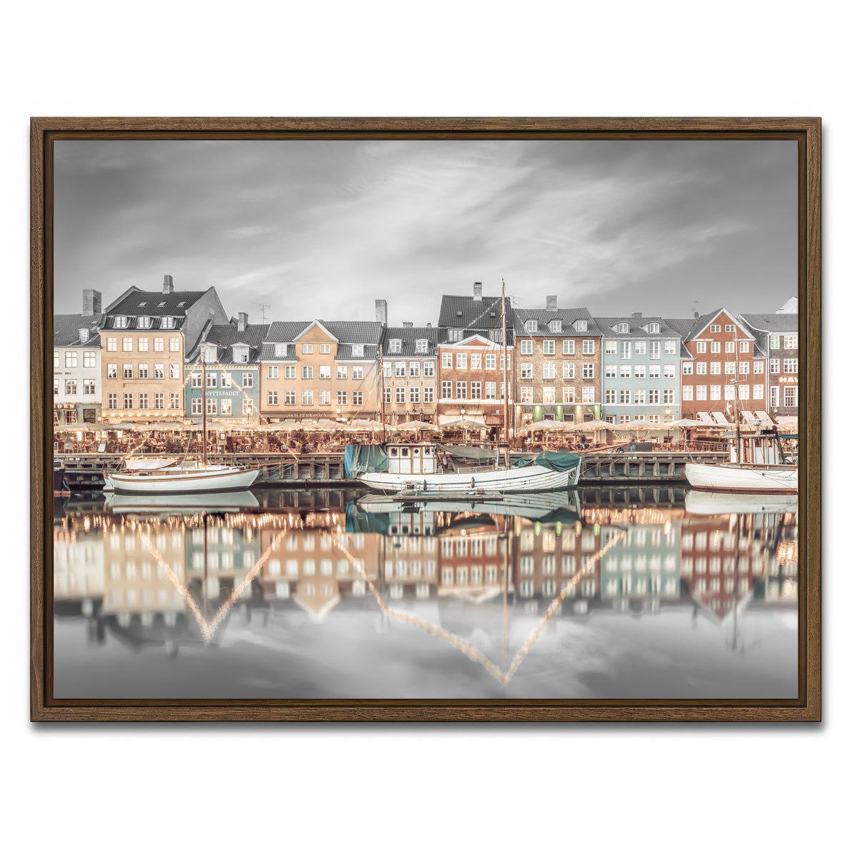 AUTO-MOCKUP WHITE | COPENHAGEN VINTAGE Nyhavn Idyllic Evening Impression | 1 Piece | Walnut Framed Canvas | group=4x3