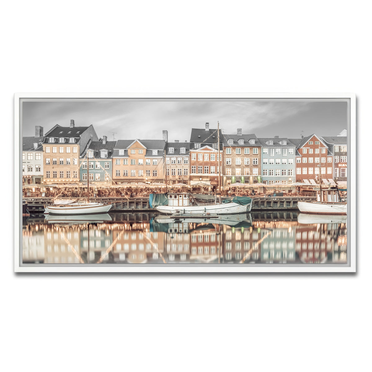 AUTO-MOCKUP WHITE | COPENHAGEN VINTAGE Nyhavn Idyllic Evening Impression | 1 Piece | White Framed Canvas | group=2x1