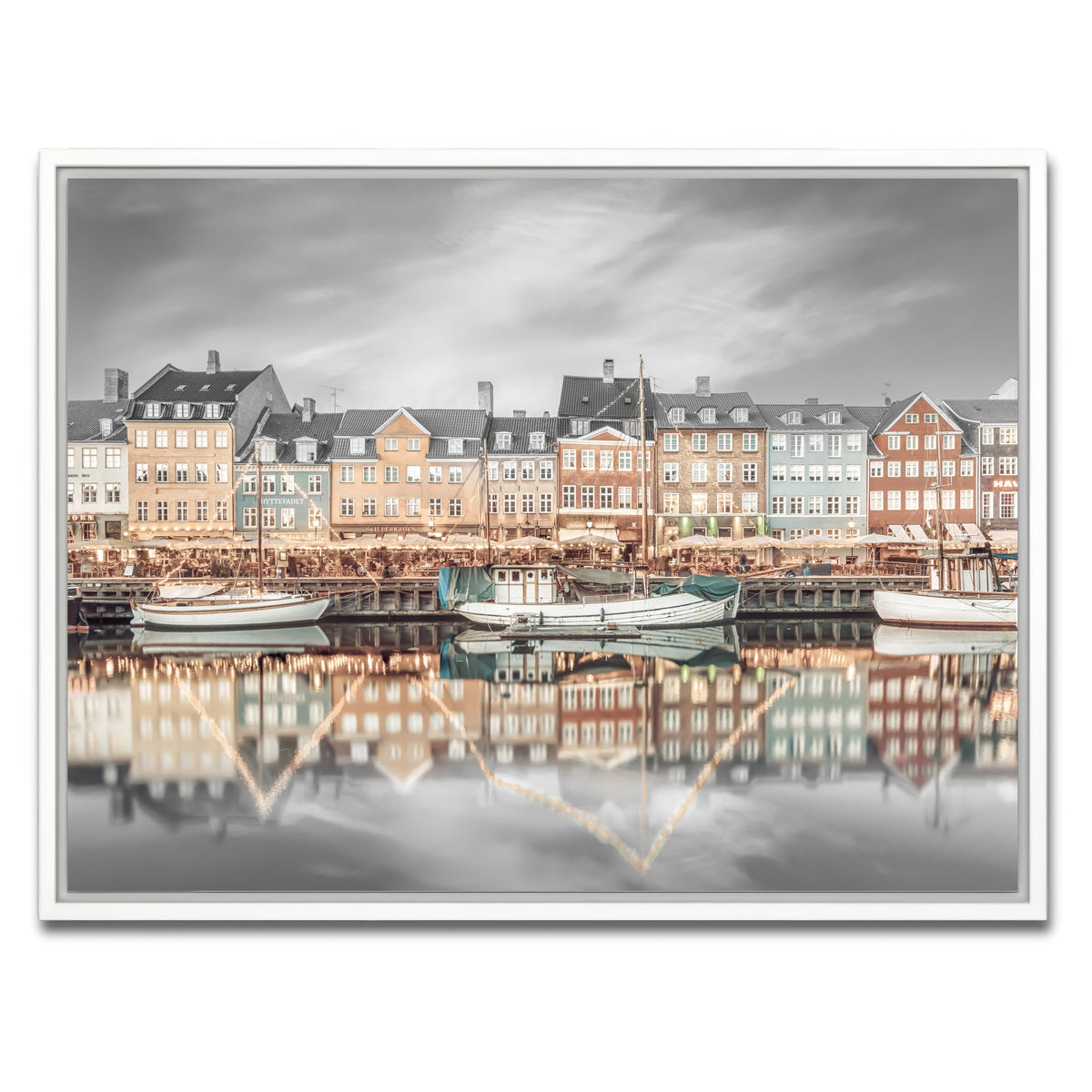 AUTO-MOCKUP WHITE | COPENHAGEN VINTAGE Nyhavn Idyllic Evening Impression | 1 Piece | White Framed Canvas | group=4x3
