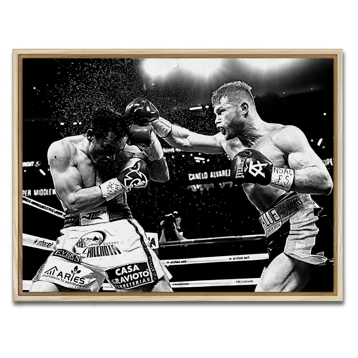 AUTO-MOCKUP WHITE | Canelo vs Chavez Jr Grayscale | 1 Piece | Natural Framed Canvas | group=4x3