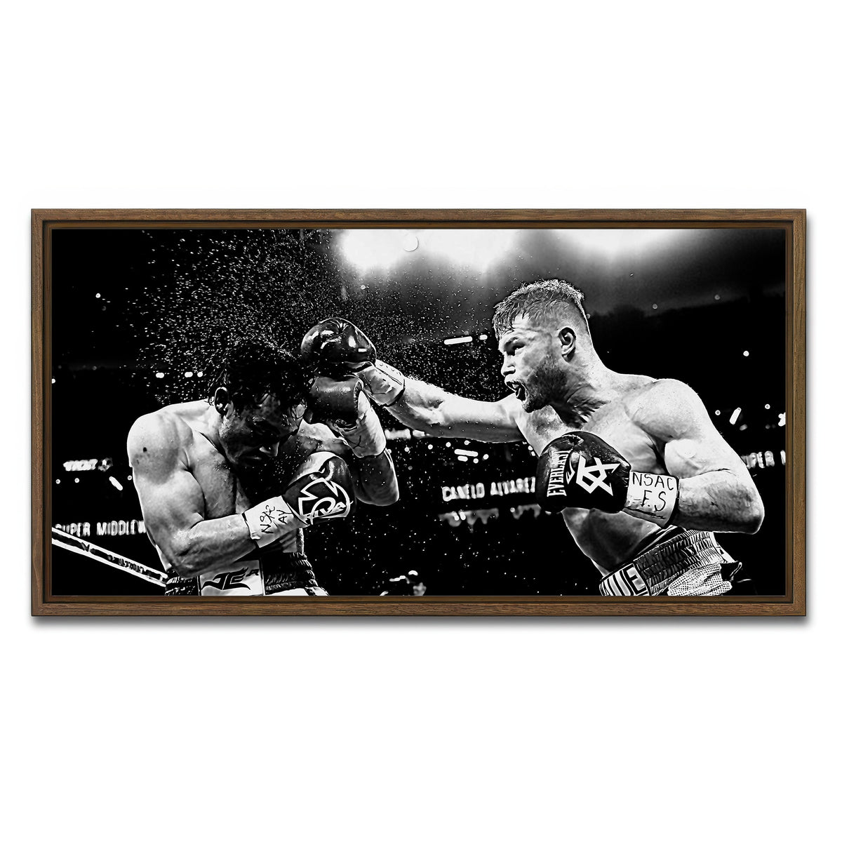 AUTO-MOCKUP WHITE | Canelo vs Chavez Jr Grayscale | 1 Piece | Walnut Framed Canvas | group=2x1