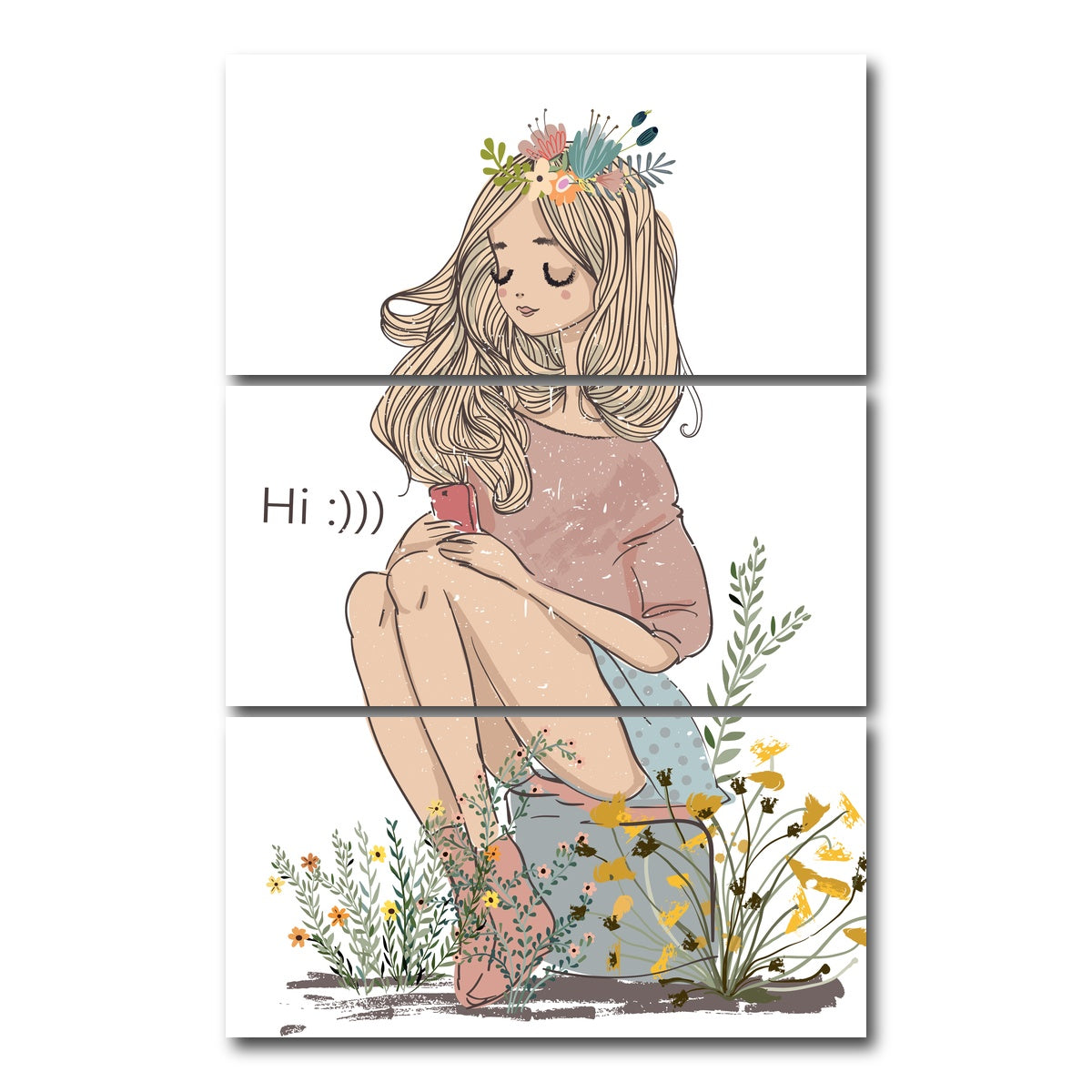 AUTO-MOCKUP WHITE | Cartoon Flower Girl | 3 Piece | Gallery Wrap Canvas | group=12x24_stacked