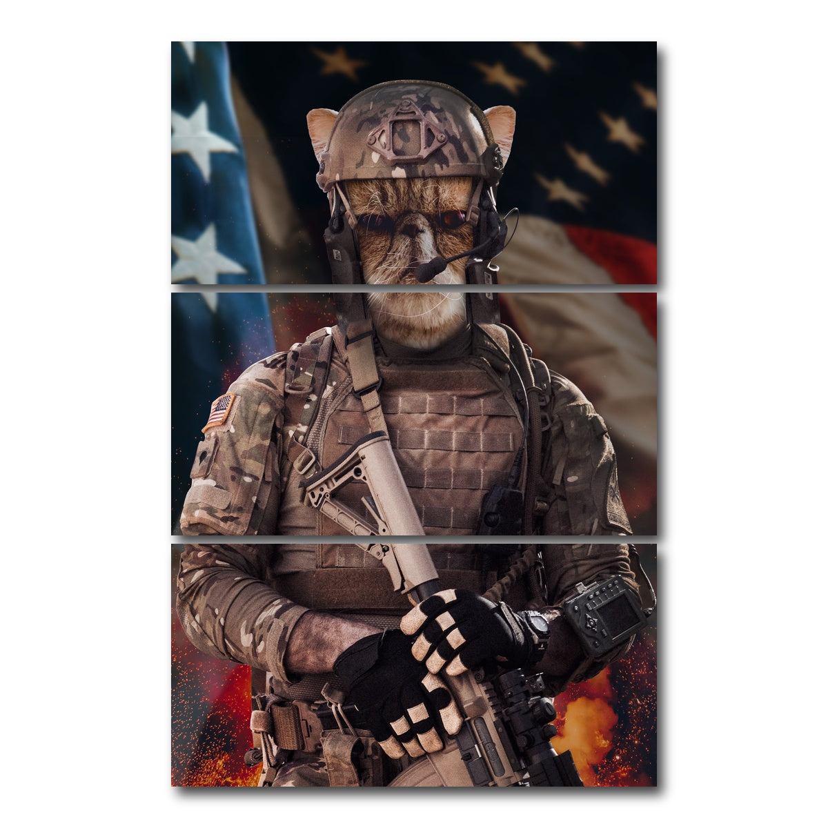 AUTO-MOCKUP WHITE | Cat Soldier | 3 Piece | Gallery Wrap Canvas | group=12x24_stacked