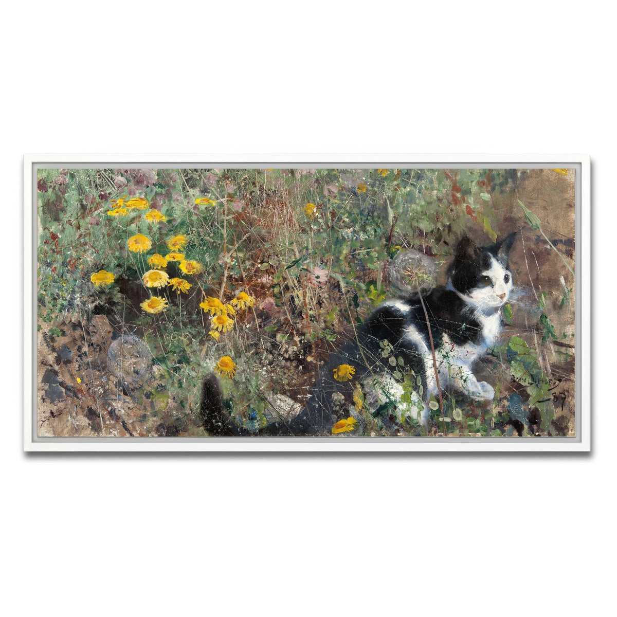 AUTO-MOCKUP WHITE | Cat on a flowery Meadow | 1 Piece | White Framed Canvas | group=2x1