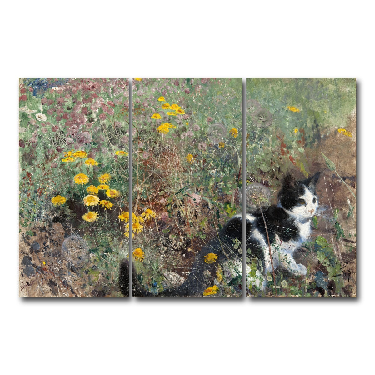 AUTO-MOCKUP WHITE | Cat on a flowery Meadow | 3 Piece | Gallery Wrap Canvas | group=12x24
