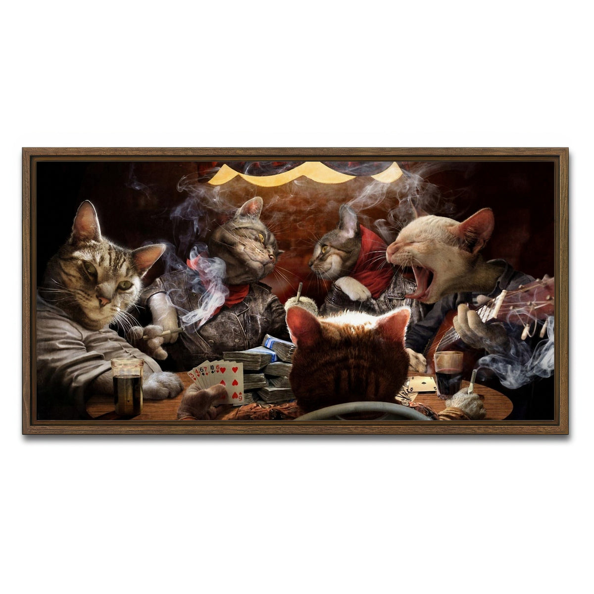 AUTO-MOCKUP WHITE | Cats Playing Poker | 1 Piece | Walnut Framed Canvas | group=2x1