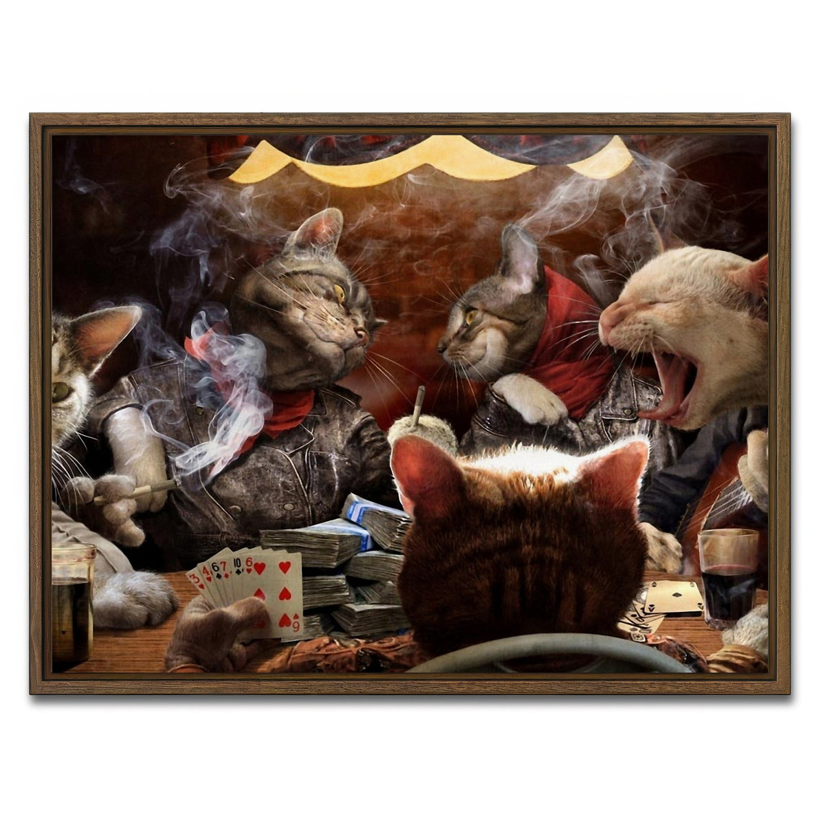 AUTO-MOCKUP WHITE | Cats Playing Poker | 1 Piece | Walnut Framed Canvas | group=4x3