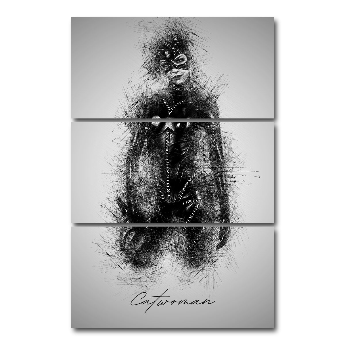 AUTO-MOCKUP WHITE | Catwoman Sketch | 3 Piece | Gallery Wrap Canvas | group=12x24_stacked